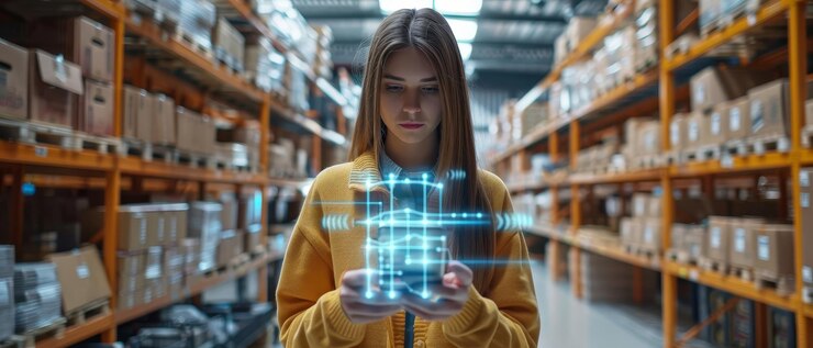 Foto mujer joven usando tecnología de realidad aumentada mientras está de pie en un almacén interfaz de ar futurista superposición de soluciones logísticas innovadoras