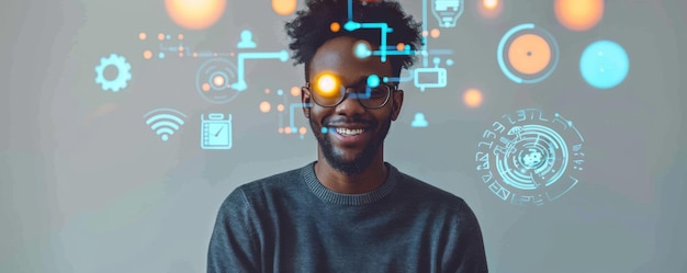 Mujer joven usando teléfono inteligente con interfaz holográfica tecnología futurista y comunicación en línea