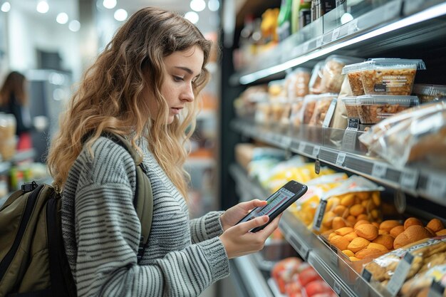 Mujer joven usando un teléfono inteligente mientras hace compras en el pasillo de una tienda de comestibles