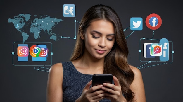 Mujer joven usando un teléfono inteligenteConcepto de redes sociales