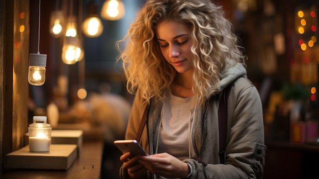 Mujer joven usando teléfono móvil en café Chica rubia enviando mensajes de texto en smartphonegenerative ai