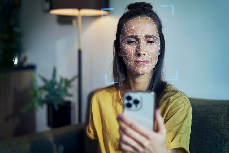 Foto mujer joven usando un teléfono con reconocimiento facial