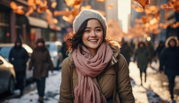 Mujer joven en vacaciones de invierno explorando las calles de la ciudad