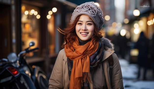 Mujer joven en vacaciones de invierno explorando las calles de la ciudad