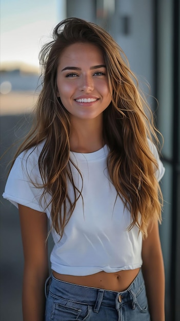 Una mujer joven con vaqueros y una camiseta blanca sonriendo