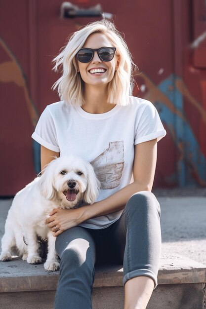 Foto mujer joven vaqueros de perro blanco ia generativa