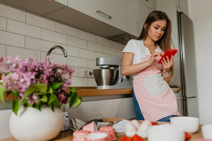 Foto mujer joven con verduras sonriendo mientras usa el teléfono móvil en la cocina