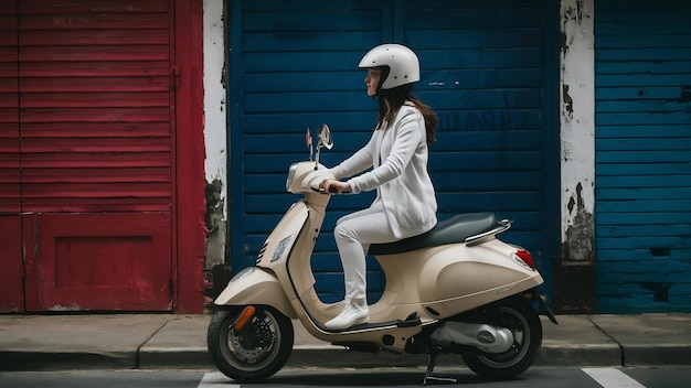 Mujer joven vestida de blanco montando un scooter