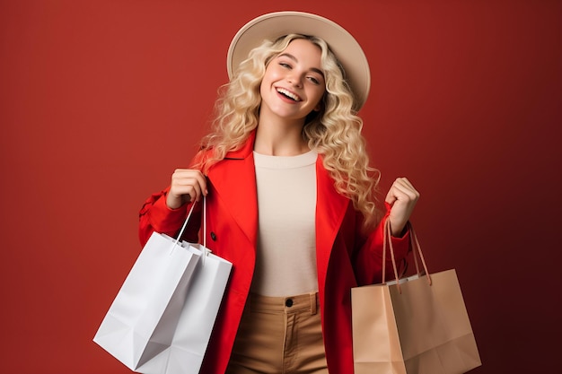 Mujer joven vestida de color pastel sostiene bolsas de papel de compras sobre fondo rojo