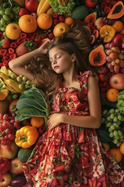 Mujer joven vestida con un vestido yace entre verduras y frutas concepto de comida vegetariana IA generativa