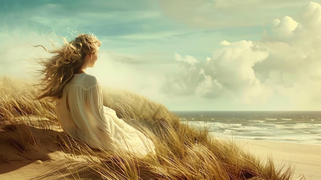 Una mujer joven con un vestido blanco sentada en una duna de arena mirando al mar el viento le sopla el cabello