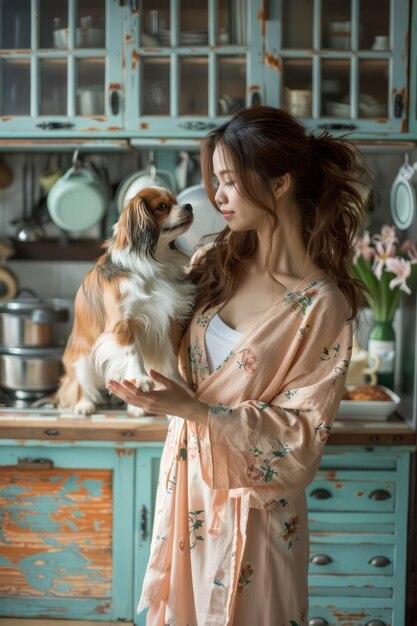 Mujer joven con vestido elegante sosteniendo un lindo perro spaniel en una cocina vintage con decoración rústica y