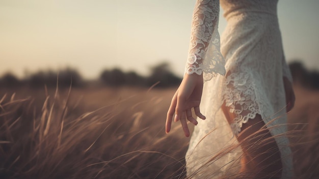 Una mujer joven en un vestido de encaje blanco en el medio de un prado enfatizando un estado de ánimo dulce y romántico