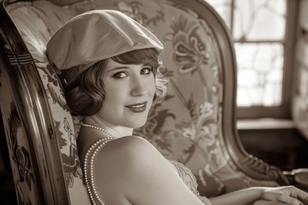 Foto una mujer joven con un vestido flapper de los años veinte se sienta en una chaise lounge vintage