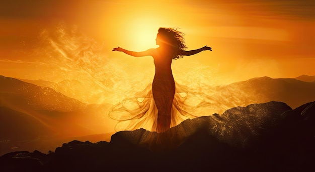 Mujer joven con vestido largo con los brazos extendidos mirando la puesta de sol