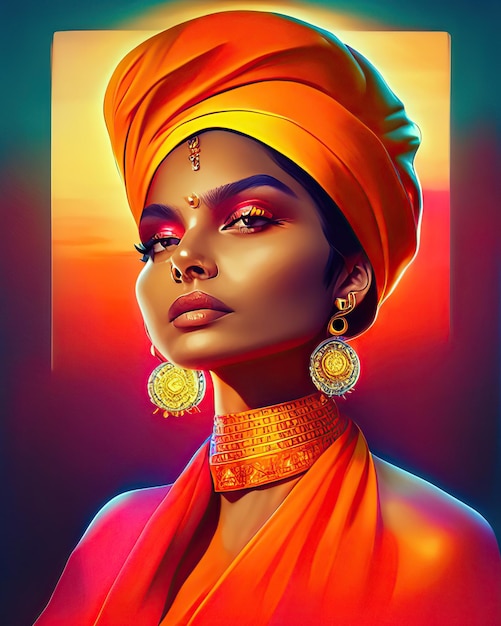 mujer joven con vestido naranja con turbante y joyas étnicas