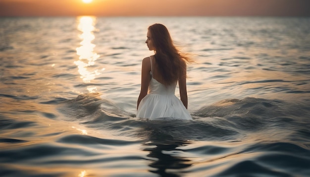 Mujer joven con un vestido de novia blanco en el mar al atardecer
