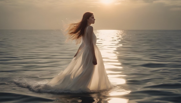 Mujer joven con un vestido de novia blanco en el mar al atardecer