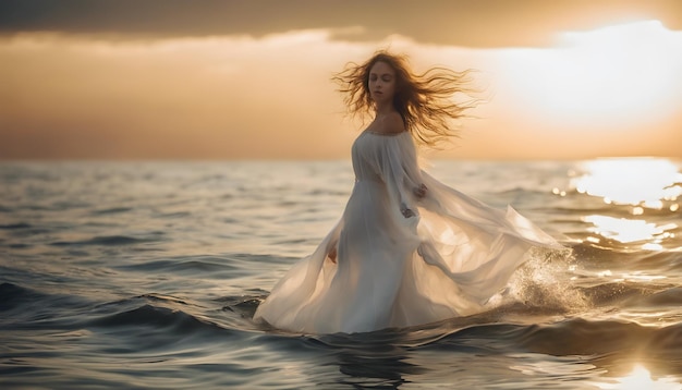 Mujer joven con un vestido de novia blanco en el mar al atardecer