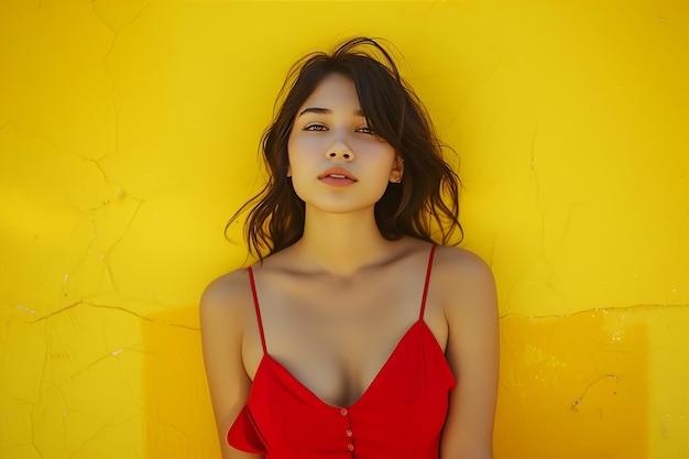 Mujer joven con vestido rojo brillante