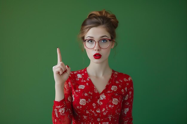 Mujer joven con vestido rojo con gafas que muestran los dedos