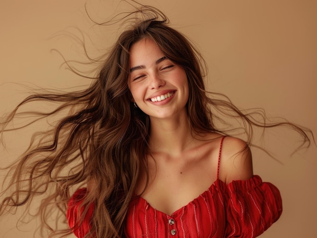 Foto una mujer joven con un vestido rojo y el pelo largo y dorado