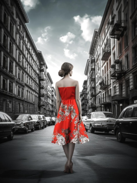Una mujer joven con un vestido rojo en el telón de fondo de una ciudad gris generativa de IA