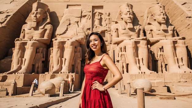 Foto una mujer joven con un vestido rojo en el templo de abu simbel junto a las esculturas