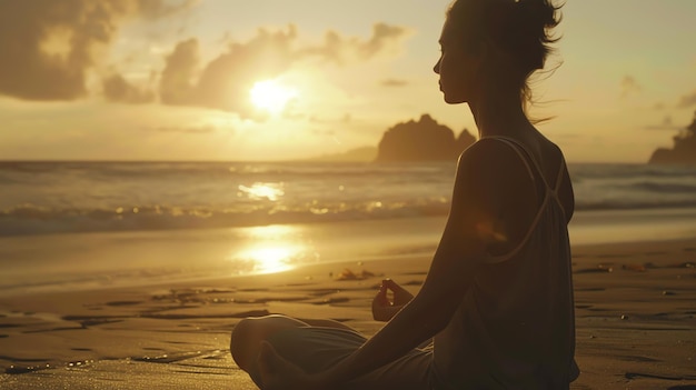 Mujer joven con vestido sentada en la playa en postura de loto y viendo la puesta de sol