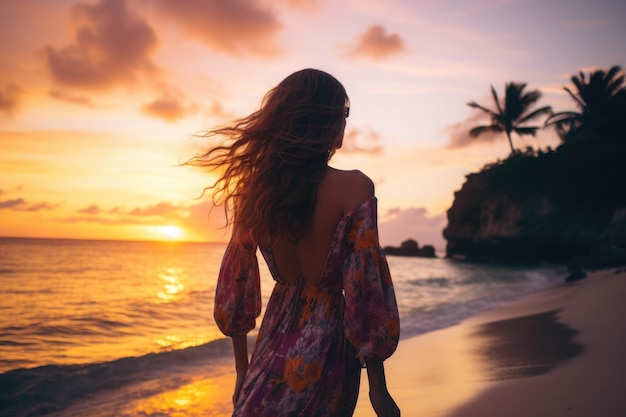 Mujer joven con un vestido tropical admirando la puesta de sol desde la playa.
