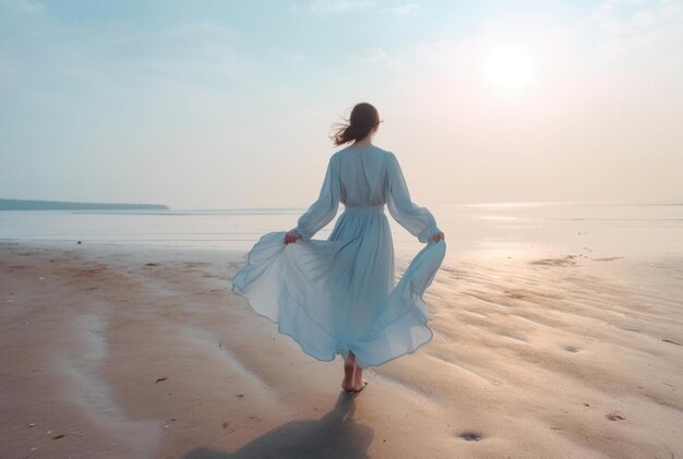 Mujer joven en vestido turquesa corriendo en la playa al amanecer IA generativa