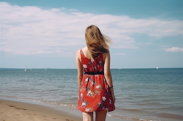 Mujer joven en vestido de verano de pie junto a la playa del mar IA generada