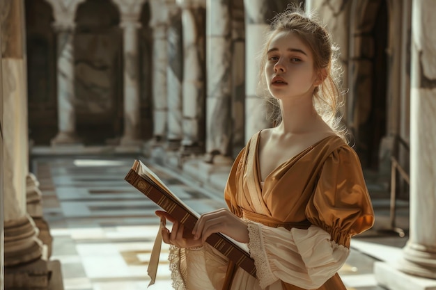 Foto una mujer joven con vestidos romanos antiguos sosteniendo un rollo en un patio de mármol