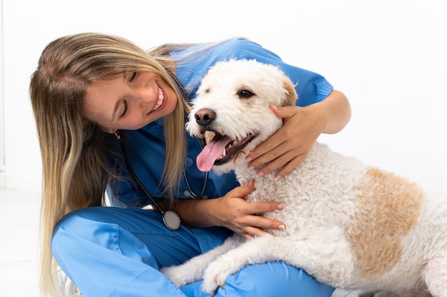 Mujer joven veterinario con perro sentado en el suelo