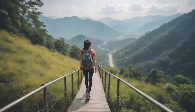 una mujer joven viaja naturaleza concepto de viaje