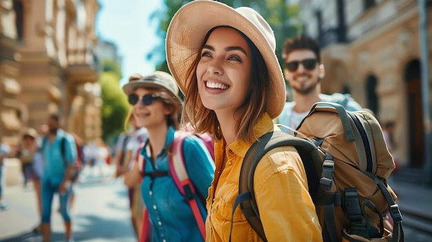 Foto mujer joven viajando con amigos en europa todos sonríen y parecen felices la mujer en la parte delantera lleva una camisa amarilla y un sombrero