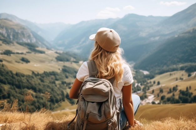 Mujer joven viajando sola en las montañas.