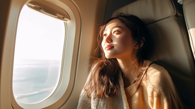 Mujer joven viajera mirando la ventana en avión con felicidad y relajación