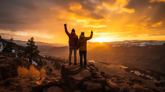 Foto mujer joven viajera con una mochila amarilla en un acantilado disfrutando de vistas a la montaña concepto deportivo viajero estilo de vida activo