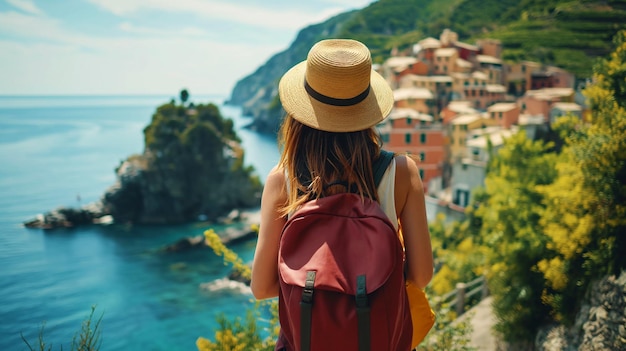 Mujer joven viajera con mochila y sombrero disfrutando de la vista de Cinque Terre Italia