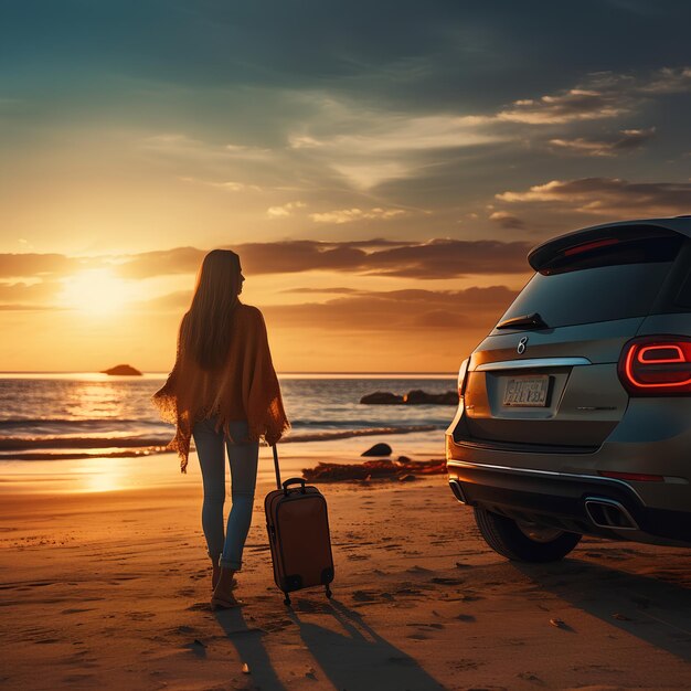 Mujer joven viajera de pie junto a su coche durante el verano