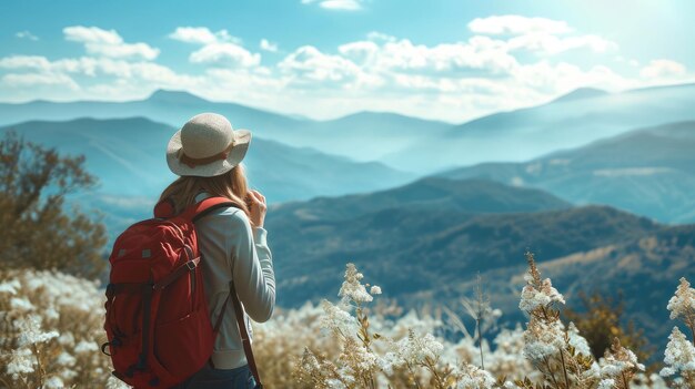 Mujer joven viajera tomando un hermoso paisaje en las montañas Concepto de estilo de vida de viaje