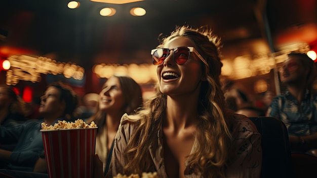 Mujer joven viendo una película en un cine con gafas 3D mientras come palomitas de maíz