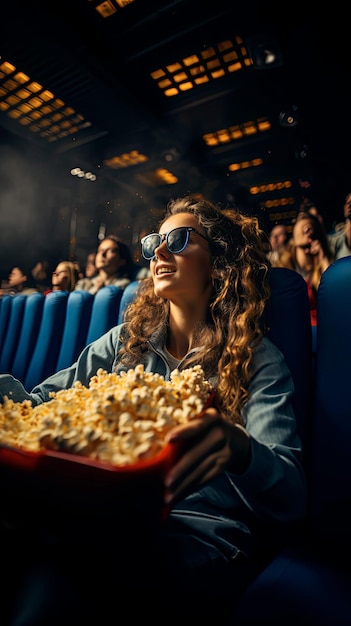 Mujer joven viendo una película en un cine con gafas 3D mientras come palomitas de maíz