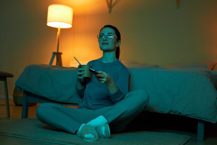 Foto mujer joven viendo la televisión en la oscuridad y comiendo fideos para llevar sentada en el suelo