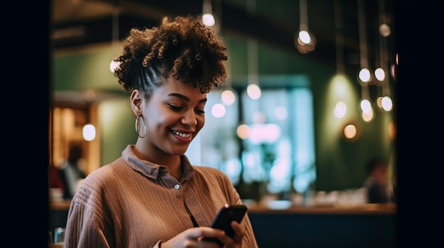 Mujer jovial hablando por teléfono mientras está de pie en un restaurante IA generativa