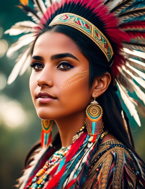 Una mujer con joyas tradicionales en la cabeza y la palabra indio en el pecho.