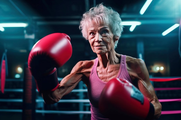 Mujer jubilada madura sonriendo felizmente haciendo boxeo estilo de vida para la salud en el gimnasio