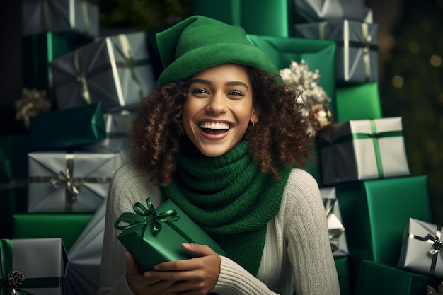 Mujer jubilosa con regalos de plata Moda navideña en verde esmeralda