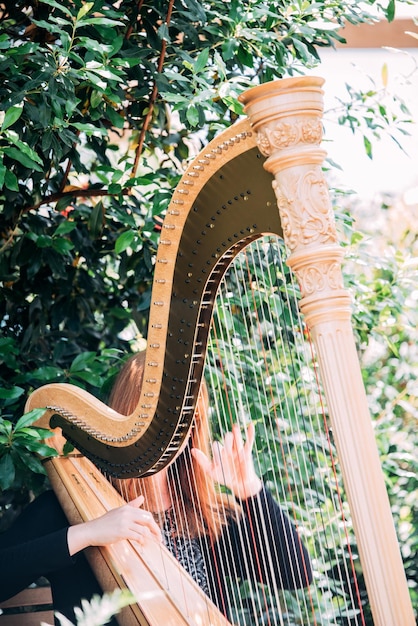 mujer, juego, arpa, en, un, jardín